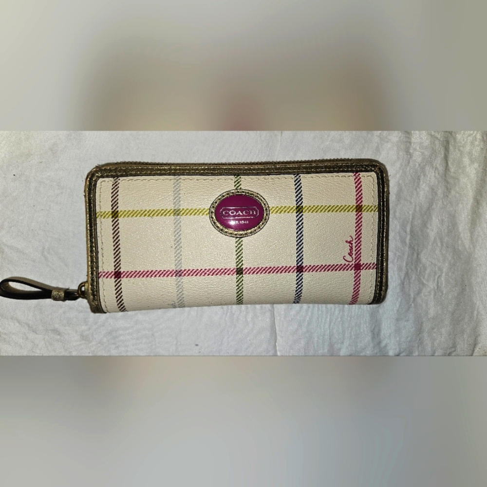 Coach Peyton Tattersall Pink Plaid Accordion Zip Wallet